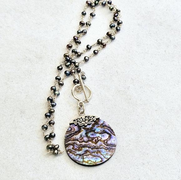 925 Silver Abalone and Pearl Station Necklace - Picture 4 of 15